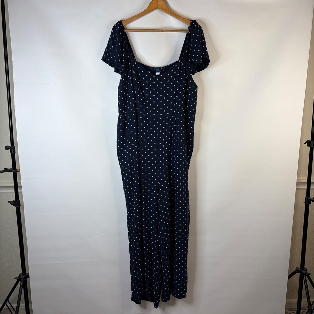 Old Navy Jumpsuit Women XXL Navy Blue Polka Dot Wide Leg Flutter Sleeve Pockets